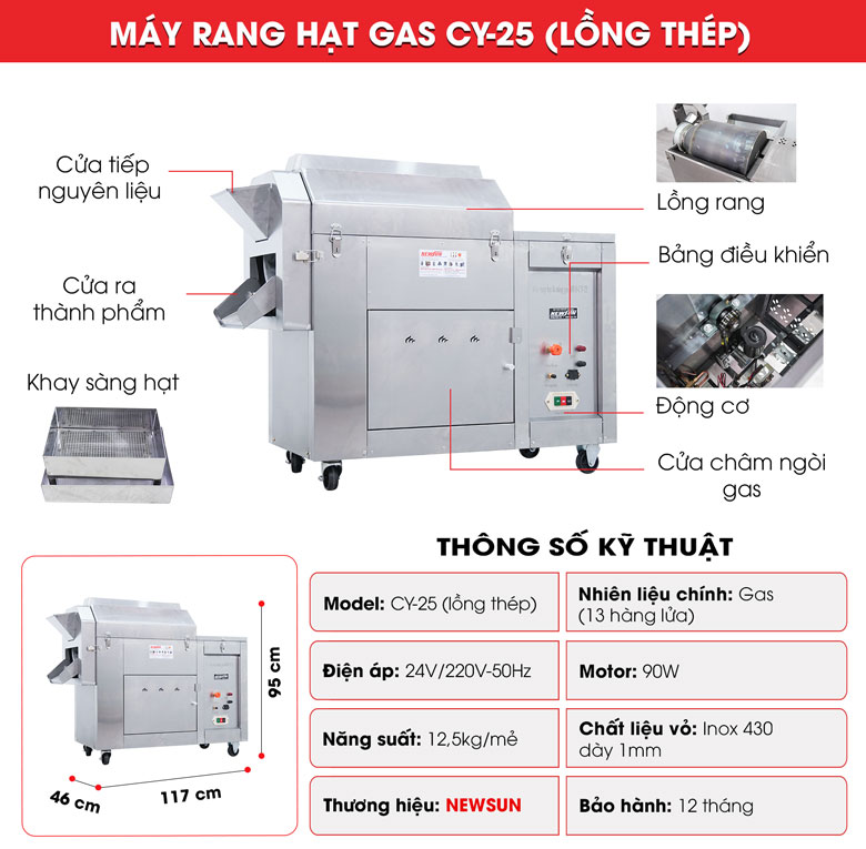 Cấu tạo máy rang hạt gas CY-25 (lồng thép)