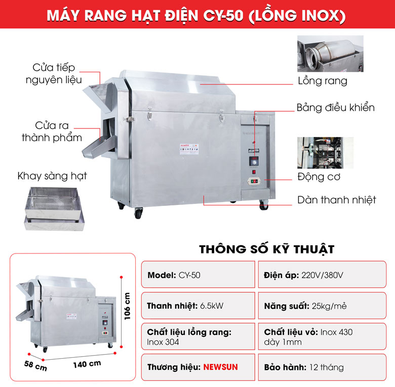 Cấu tạo máy rang hạt điện CY-50 lồng inox