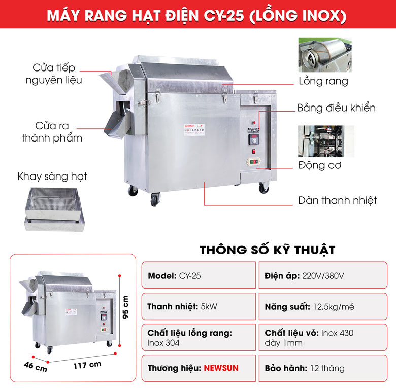 Cấu tạo máy rang hạt điện CY-25 lồng inox