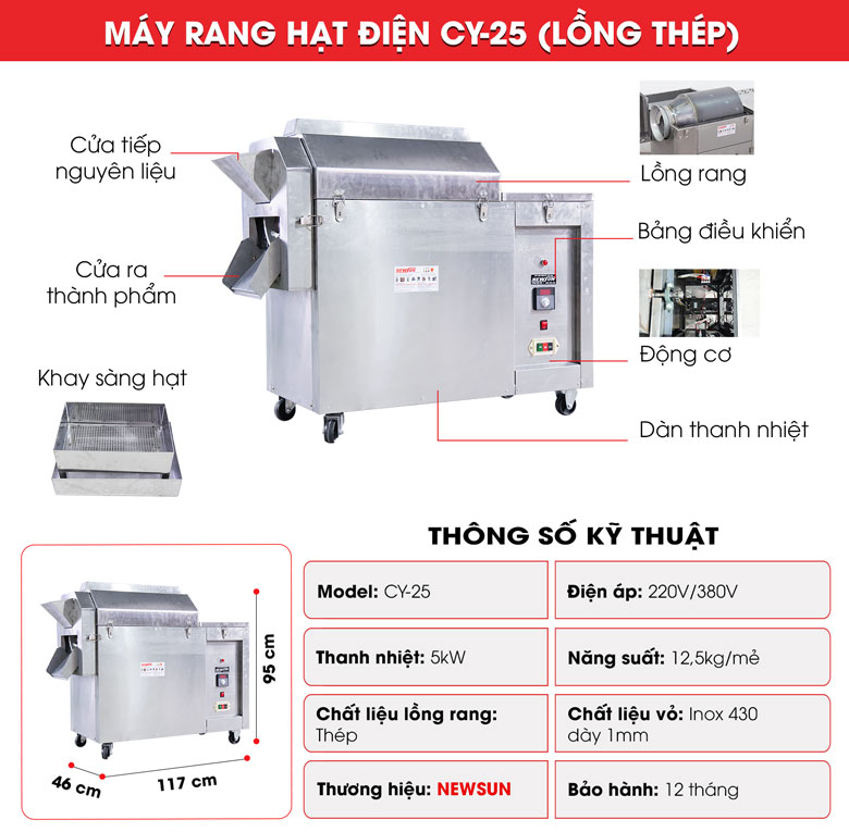 Cấu tạo máy rang hạt dùng điện CY-25 lồng thép