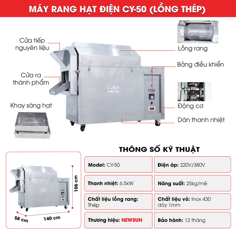 Cấu tạo máy rang hạt dùng điện CY-50 lồng thép