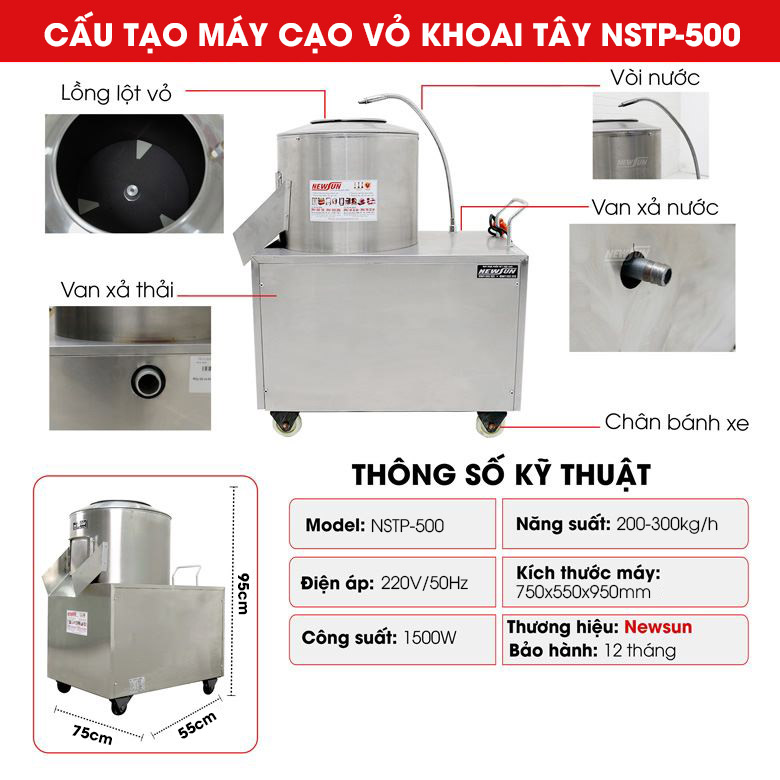 Máy gọt khoai tây TP-600 Cấu tạo của máy gọt khoai tây TP-600